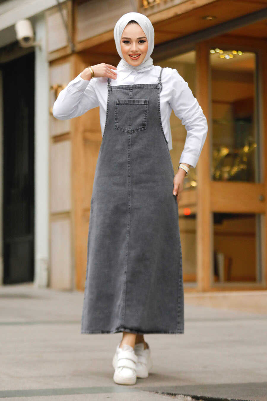 Modest Smoke Color Denim Salopette Dress 19014FU - Neva-style.com