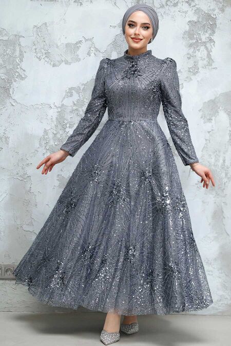 Modest Smoke Color Elegant Evening Gown 50461FU - NEVA STYLE