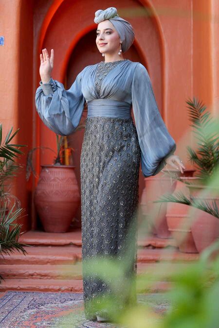 Modest Smoke Color Engagement Gown 4961FU - NEVA STYLE