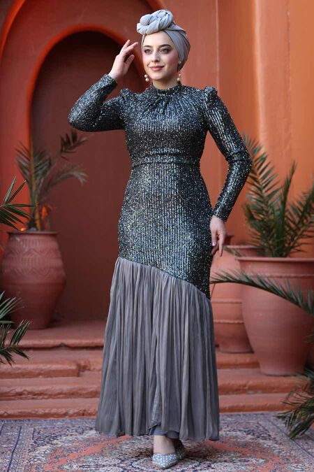 Modest Smoke Color Evening Dress 52057FU - NEVA STYLE