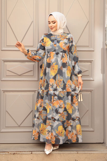 Modest Smoke Color Flower Long Dress 22056FU - NEVA STYLE