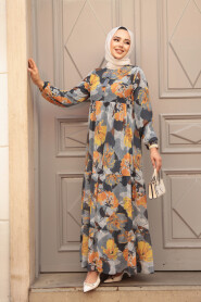 Modest Smoke Color Flower Long Dress 22056FU - 2