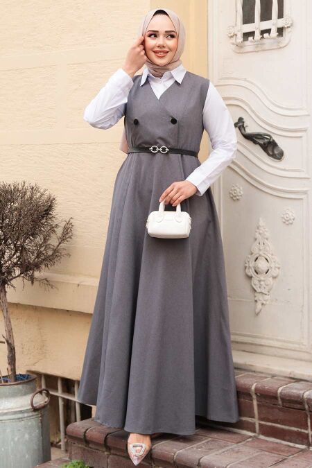 Modest Smoke Color Gilet Dress 30284FU - NEVA STYLE