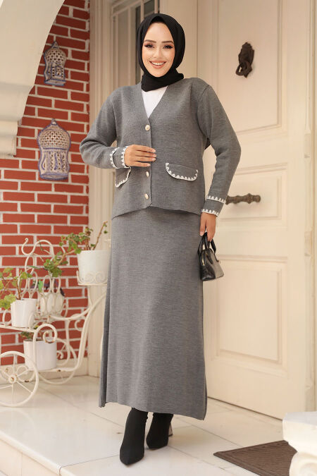 Modest Smoke Color Knitwear Dual Skirt Suit 24204FU - NEVA STYLE