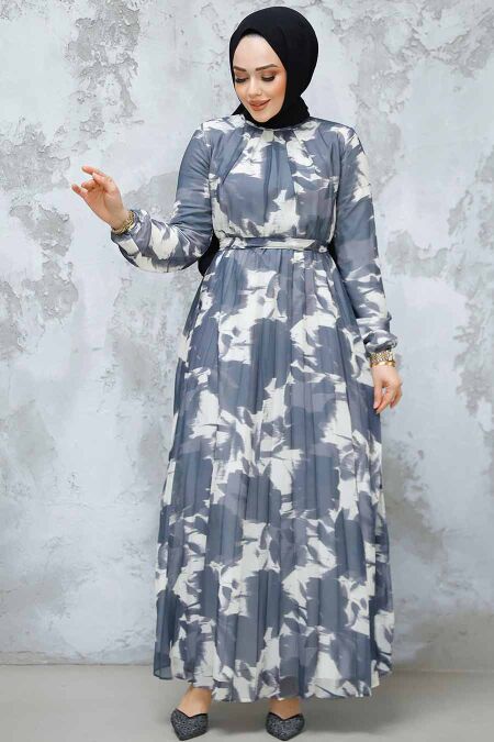 Modest Smoke Color Pleated Maxi Dress 344602FU - NEVA STYLE