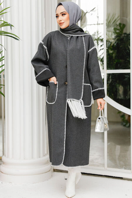 Modest Smoke Color Stamp Coat 7221FU - NEVA STYLE