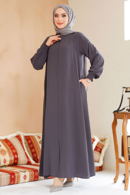 Modest Smoke Color Turkish Abaya 45287FU - NEVA STYLE