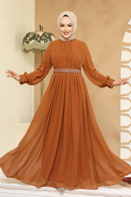 Modest Sunuff Colored Evening Dress 25888TB - NEVA STYLE