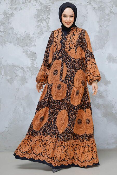 Modest Sunuff Colored Floral Dress 18240TB - NEVA STYLE