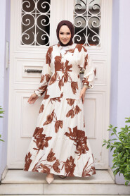 Modest Sunuff Colored Floral Long Sleeve Dress 24062TB - 1