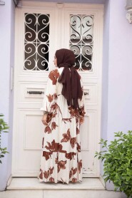 Modest Sunuff Colored Floral Long Sleeve Dress 24062TB - 4