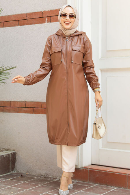 Modest Sunuff Colored Leather Coat 1503TB - NEVA STYLE