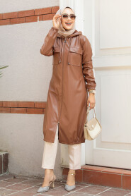 Modest Sunuff Colored Leather Coat 1503TB - 3