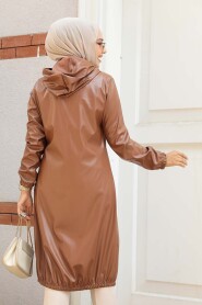 Modest Sunuff Colored Leather Coat 1503TB - 4