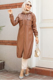 Modest Sunuff Colored Leather Coat 1503TB - 2