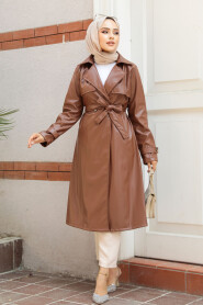 Modest Sunuff Colored Leather Coat 656TB - 1