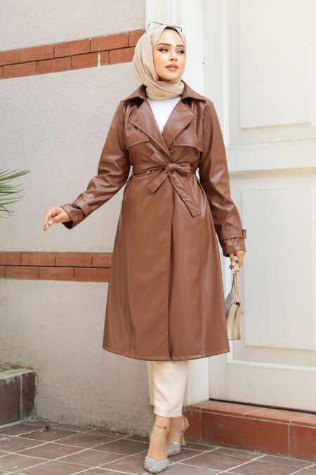 Modest Sunuff Colored Leather Coat 656TB - NEVA STYLE