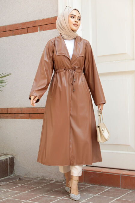 Modest Sunuff Colored Leather Coat 682TB - NEVA STYLE