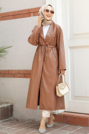 Modest Sunuff Colored Leather Coat 682TB - 2