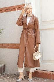 Modest Sunuff Colored Leather Coat 682TB - 3