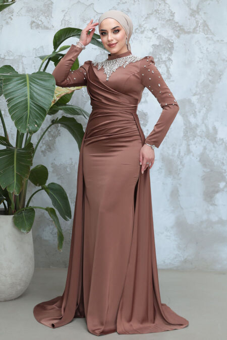 Modest Sunuff Colored Satin Engagement Gown 51312TB - NEVA STYLE
