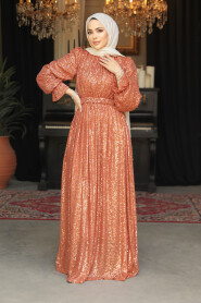 Modest Terra Cotta Evening Gown With Long Sleeve 44961KRMT - 1