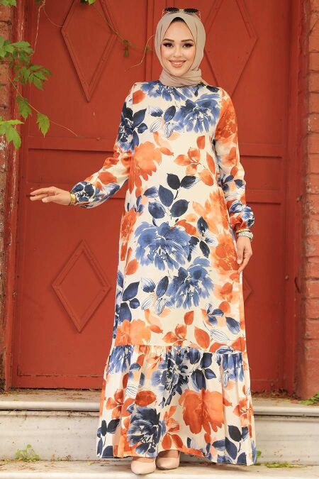Modest Terra Cotta Floral Long Dress 15729KRMT - NEVA STYLE
