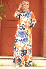 Modest Terra Cotta Floral Long Dress 15729KRMT - 1