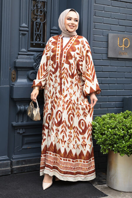 Modest Terra Cotta Floral Long Dress 23456KRMT - NEVA STYLE