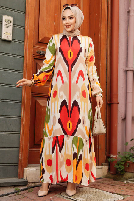 Modest Terra Cotta Long Floral Dress 15722KRMT - NEVA STYLE