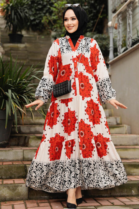 Modest Terra Cotta Long Floral Dress 35103KRMT - NEVA STYLE