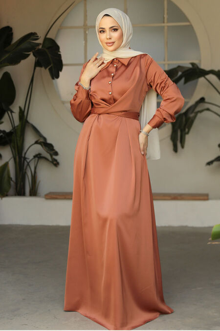 Modest Terra Cotta Satin Dress 45661KRMT - NEVA STYLE