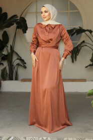 Modest Terra Cotta Satin Dress 45661KRMT - 2