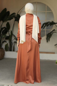 Modest Terra Cotta Satin Dress 45661KRMT - 3