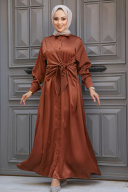 Modest Terra Cotta Satin Dress 61021KRMT - 1