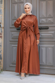 Modest Terra Cotta Satin Dress 61021KRMT - 2