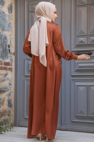 Modest Terra Cotta Satin Dress 61021KRMT - 3