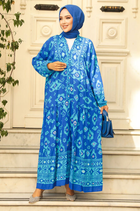 Modest Turquoise Dress For Women 23453TR - NEVA STYLE