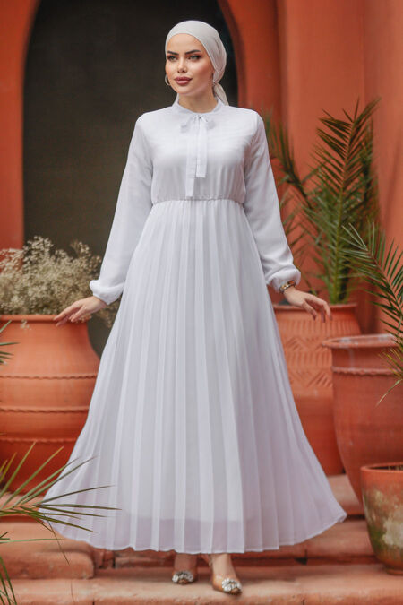 Modest White Chiffon Maxi Dresses 50351B - NEVA STYLE