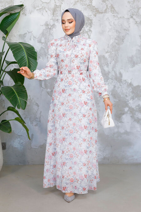 Modest White Coral Floral Long Dress 50812BMR - NEVA STYLE