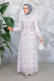 Modest White Coral Floral Long Dress 50812BMR - 1