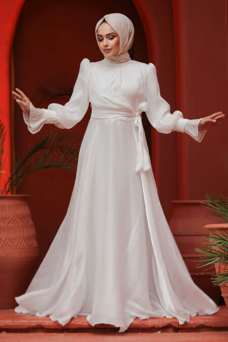 Modest White Evening Dress 48051B Modest White Evening Dress 48051B