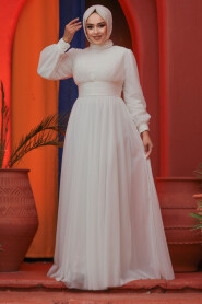 Modest White Evening Gown 46321B - 3