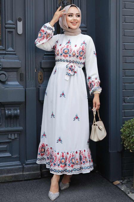 Modest White Floral Maxi Dress 23231B - NEVA STYLE