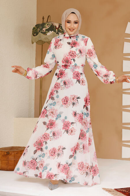 Modest White Floral Plus Size Dress 27965B - NEVA STYLE