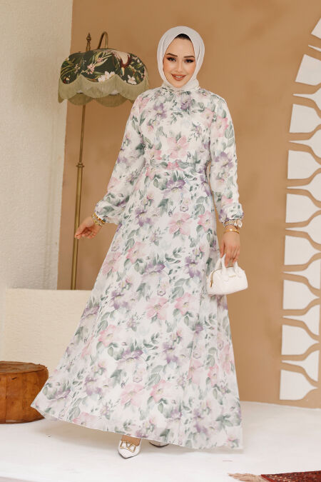 Modest White Floral Plus Size Dress 27980B - NEVA STYLE