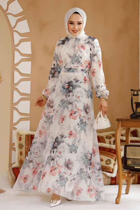 Modest White Grey Floral Plus Size Dress 27962BGR - NEVA STYLE