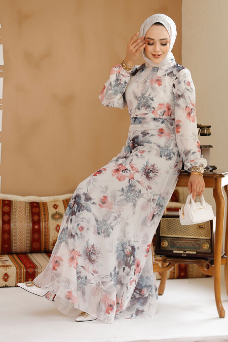 Modest White Grey Floral Plus Size Dress 27962BGR - Neva-style.com