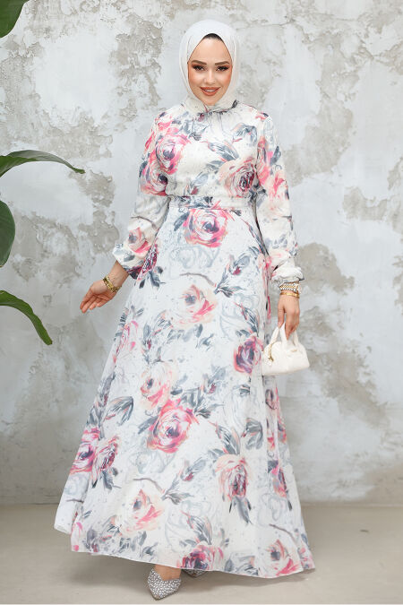 Modest White Grey Floral Plus Size Dress 27986BGR - NEVA STYLE