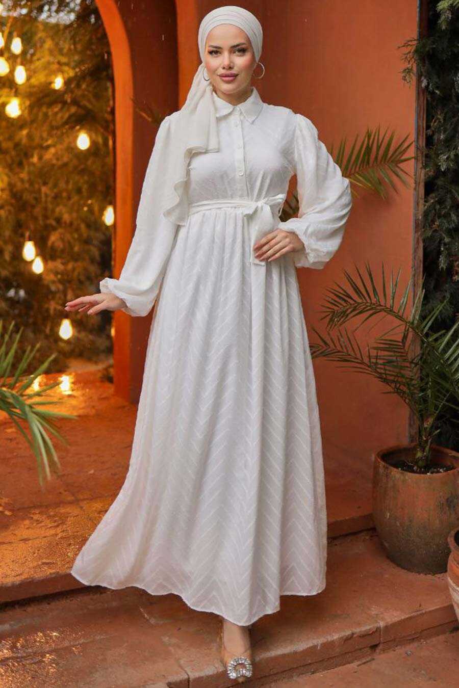 Modest White Hijab Dress 14121B